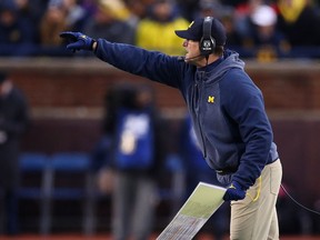 Head coach Jim Harbaugh reacts while playing the Indiana Hoosiers at Michigan Stadium on Nov. 17, 2018 in Ann Arbor, Michigan. Michigan won the game 31-20.