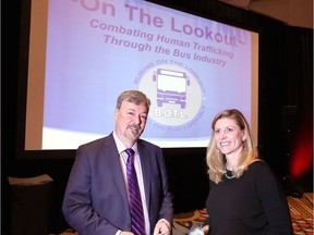 Doug Switzer, left, of Ontario Motor Coach Association and keynote speaker Annie Sovcik, converse during a luncheon held at Caesars Windsor November 12, 2018.  The luncheon was part of the Ontario Motor Coach Association Annual Conference and Marketplace.