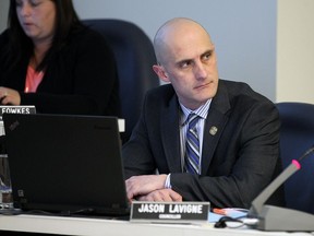 Councillor Jason Lavigne seen during an Amherstburg council meeting on Monday, February 8, 2016, has been named as the culprit who leaked confidential information from a Sept. 10 closed-door meeting, according to a report from the town's integrity commissioner.