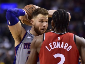 Raptors forward Kawhi Leonard (2) defends against the Detroit Pistons' Blake Griffin (23) in Toronto on Wednesday, Nov. 14, 2018. (FRANK GUNN/THE CANADIAN PRESS)