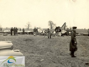 Handout/The Daily NewsThe morning after a horrific airplane crash in Elgin County, near Shedden. On Oct. 30, 1941, an airplane that had left Boston earlier that day and was travelling to Chicago, crashed, killing 20 passengers and crew. A plaque marking the crash site was only erected this past September. Elgin County Archives photo