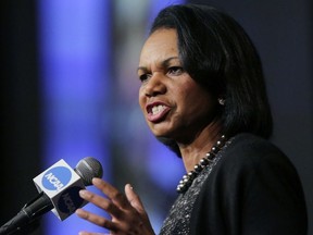 In this Jan. 14, 2016, file photo, former Secretary of State Condoleeza Rice speaks during a luncheon at the NCAA Convention in San Antonio.