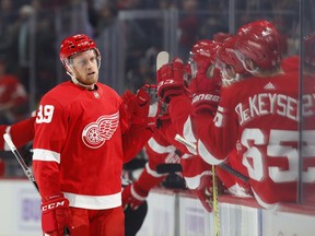 Detroit Red Wings' Anthony Mantha celebrates his goal against the Arizona Coyotes in the first period of an NHL hockey game, Tuesday, Nov. 13, 2018, in Detroit.