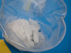 How crystal meth typically looks on the street. This ziplock baggie was seized by OPP in the Waterloo Region as part of Project Greymouth in 2014.