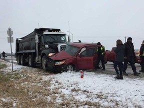 A collision between a dump truck and a Hyundai SUV on Highway 3 at Malden Road near Maidstone on Nov. 15, 2018.