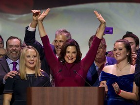 Gretchen Whitmer gives her acceptance speech after being elected the next governor of Michigan in Detroit on Nov. 6, 2018. The Michigan Democratic Party held its election night event at the Sound Board Theater at MotorCity Casino.