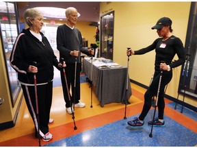 November is National Fall Prevention Month and the Windsor-Essex County Fall Prevention Committee held an open house on Nov. 1, 2018, at the Safety Village in Windsor. Bev and Bill Timpson learn some pole walking techniques from Kirsten Kreibich, of Kinetic Konnection during the event.