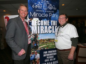 Advance Business Systems continued its support of local charities with their 27th annual American Thanksgiving Day Football Classic on Thursday, Nov. 22, 2018 at the Windsor Yacht Club. Funds raised from the event will be donated to the Farrow Riverside Miracle Park project in east Windsor. Advance Business Systems President and CEO Jack Jorgensen, left, is shown with Bill Kell, co-chairperson of the Farrow Riverside Miracle Park project.