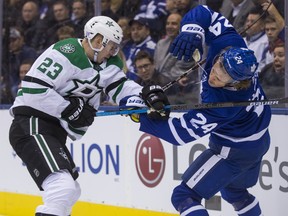 Maple Leafs' Kasperi Kapanen jousts with Dallas Stars' Esa Lindell at the Scotiabank Arena in Toronto on Thursday November 1, 2018. Ernest Doroszuk/Toronto Sun/Postmedia