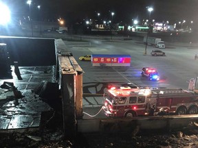 The view from on top of the Walmart Supercentre in Leamington on the night of Nov. 13, 2018. Leamington firefighters were called to the location due to smoke and flames on the roof of the building.