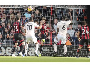 Bournemouth's David Brooks clears a shot from Manchester United's Marcus Rashford off the line during the English Premier League soccer match between Bournemouth and Manchester United at The Vitality Stadium, Bournemouth, England.Saturday Nov. 3, 2018.