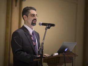 Dr. Bram Dolcourt, an emergency medicine specialist from Detroit, speaks at the City of Roses Annual Community Emergency Conference at the Ciociaro Club, Thursday, November 15, 2018, on opioids and amphetamines.
