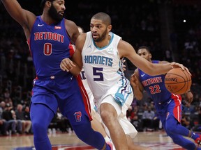 Charlotte Hornets forward Nicolas Batum (5) drives on Detroit Pistons center Andre Drummond (0) during the first half of an NBA basketball game, Sunday, Nov. 11, 2018, in Detroit.