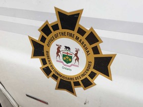 The emblem of the Ontario Fire Marshal on an investigations vehicle in 2018.