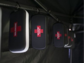 Naloxone anti-overdose kits are displayed in a mock overdose prevention site outside Victoria Manor in downtown Windsor, Saturday, November 3, 2018.