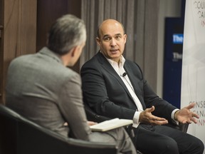 Kevin Carmichael (left), National Business Columnist Financial Post and Jim Balsillie (right), Chair of The Council of Canadian Innovators at the Innovation Nation event at the Financial Post's Toronto headquarters, Friday November 16, 2018.