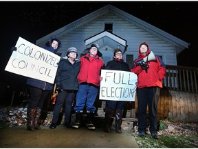 Caldwell First Nation members, from left, Miranda Thibeault, Marie Duckworth, Ken Ford, unseated Chief Mary Duckworth and former Chief Larry Johnson are shown in front of the band office in Leamington on Monday, November 26, 2018. They were protesting a regular council meeting that had been scheduled as an in-camera session. No council members arrived and no meeting was held.