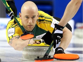 Team Northern Ontario's Ryan Fry throws a rock against Team Northwest Territories during the 2015 Tim Hortons Brier at the Scotiabank Saddledome in Calgary, Alta. on March 2 2015.