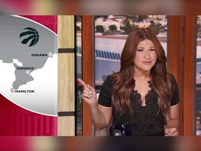 Rachel Nichols of ESPN basketball talk show The Jump gestures at a map of Ontario in a U.S. national television broadcast on Nov. 5, 2018. The map misplaces Hamilton over Windsor - among other errors.