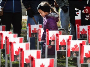 A young girl checks out the rows of flags with the names of fallen soldiers during a Remembrance Day ceremony in downtown Windsor on Nov. 11, 2017.