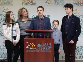 Dr. Todd Small and his wife, Dr. Sarah Dale, along with their children, from left, Sadie, Elliott and Julian, on Wednesday, Nov. 21, 2018, talk about a $100,000 donation to the neonatal intensive care unit of Windsor Regional Hospital, made possible by the Julian Small NICU Golf Tournament.