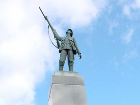 The statue of a First World War Canadian soldier that stands atop the memorial cenotaph in downtown Chatham, photographed November 2017.
