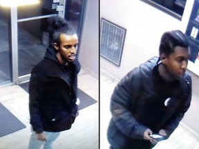 From left: Security camera images of man identified by Windsor police as Guled Ismail, 25, of Toronto,  and a second unknown suspect - both wanted by Windsor police in relation to a shooting at 1666 Ouellette Ave. on Oct. 31, 2018.