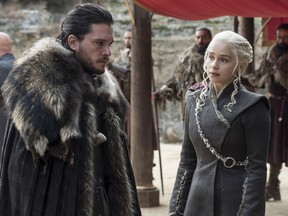 This image released by HBO shows Kit Harington, left, and Emilia Clarke on the season finale of "Game of Thrones." The eighth and last season of "Game of Thrones" finally has a date with destiny. HBO said Tuesday, Nov. 13, 2018, that the series will return in April 2019 with six episodes to conclude its run.