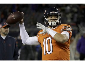 Chicago Bears quarterback Mitchell Trubisky warms up before an NFL football game against the Minnesota Vikings on Nov. 18, 2018, in Chicago.