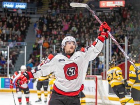 Ottawa 67's Tye Felhaber celebrates after scoring the first goal of the game in Ottawa's 6-4 Ontario Hockey League victory over the Kingston Frontenacs in Wednesday's School Day game in Ottawa. Felhaber scored twice in the game and leads the league with 21 goals.