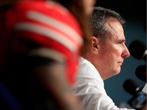 Head coach Urban Meyer of the Ohio State Buckeyes speaks to the press after defeating the Northwestern Wildcats during the Big Ten Championship at Lucas Oil Stadium on December 1, 2018 in Indianapolis, Indiana.