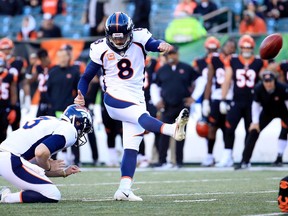 CINCINNATI, OH - DECEMBER 2:  Brandon McManus #8 of the Denver Broncos kicks a field goal during the fourth quarter of the game against the Cincinnati Bengals at Paul Brown Stadium on December 2, 2018 in Cincinnati, Ohio. Denver defeated Cincinnati 24-10.