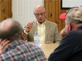 Elgin-Kent-Middlesex Conservative MP Bev Shipley, centre, holds a round table discussion with area grain farmers at Jack Miner Migratory Bird Sanctuary in Kingsville.  One hot button topic was DON levels in corn and how to find a standard and consistent test for DON levels.