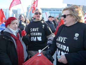 Union sisters Denise Laporte, left, Judy Pope and Norma Berekoff joined several hundred mostly union workers for a GM Oshawa Fightback Support Rally at Dieppe Park on Dec. 18, 2018. An even bigger Unifor rally along Windsor's riverfront is expected on Friday.