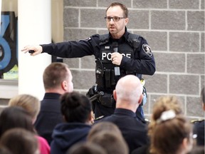 Windsor Police Sr. Const. Shane Miles delivers an informed presentation on cannabis use during Not Blowing Smoke event held at Tecumseh Vista Academy.  Const. Miles is one of ten police officers in Ontario with his knowledge and accreditation about the policing and legalities of cannabis.
