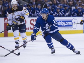 In this April 2, 2018, file photo, Toronto Maple Leafs centre William Nylander (29) scored twice against the Sabres  at the Air Canada Centre in Toronto. Nylander has signed a six-year contract extension with the team.