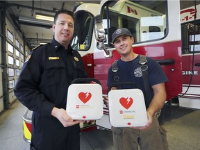 Windsor Fire and Rescue Services Dept. Chief Jamie Waffle, left, and firefighter Evan Sinclair display new defibrillators at the downtown station on Wednesday, December 12, 2018. These have replaced older units on the trucks and are also replacing public units in community centres and arenas.