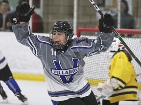 WINDSOR, ON. DECEMBER 17, 2018. --  Brooke Gibson of Villanova celebrates a goal during a game on Monday, December 17, 2018, during the Southern Ontario High School Hockey Classic tournament at the WFCU Centre in Windsor, ON. against Chatham-Kent.