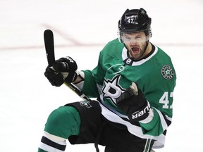 Dallas Stars right wing Alexander Radulov celebrates scoring his goal during the second period of an NHL hockey game against the Detroit Red Wings in Dallas, Saturday, Dec. 29, 2018.