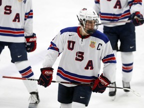 In this Wednesday, Nov. 21, 2018, photo, Jack Hughes, expected to be a top pick in the next NHL hockey draft, plays against Bowling Green in Plymouth, Mich. USA Hockey has developed the nation's top players for more than two-plus decades, producing a quartet of No. 1 overall picks in the NHL draft, including Auston Matthews and Patrick Kane. Hughes may be next.