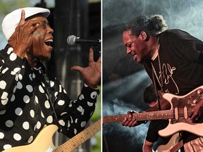 Blues legend Buddy Guy (left) performing in Michigan in 2015, virtuoso guitarist Eric Gales (right) performing in Byron Bay, Australia, in 2018.