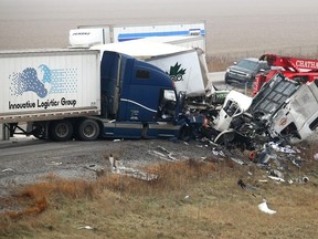 Non-life threatening injuries were only reported with the drivers of three tractor trailers involved a cross-median crash on Highway 401 near the Merlin Road overpass in Chatham-Kent, Ont. on Tuesday December 11, 2018. (Ellwood Shreve/Chatham Daily News)