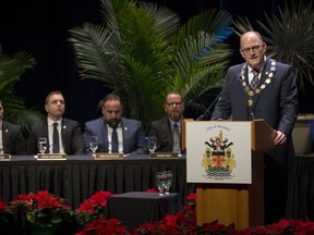 Mayor Drew Dilkens gives a speech at the inaugural City Council meeting at the St. Clair Centre for the Arts, Dec. 3, 2018.