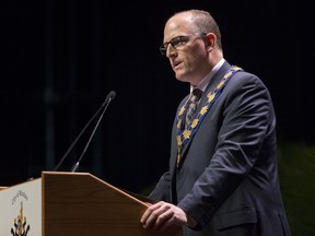 Mayor Drew Dilkens gives a speech at the inaugural city council meeting at the St. Clair Centre for the Arts, Monday, December 3, 2018.