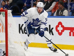 Toronto Maple Leafs forward Auston Matthews carries the puck during the second period of an NHL game against the Buffalo Sabres, Tuesday, Dec. 4, 2018, in Buffalo, N.Y.