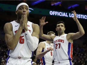 Detroit Pistons' Bruce Brown (6) reacts after a foul was called on him during the second half of an NBA basketball game against the Philadelphia 76ers, Monday, Dec. 10, 2018, in Philadelphia. Philadelphia won 116-102.