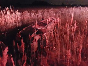 A vehicle that rolled over after leaving Highway 3 between Cameron Side Road and Marsh Road near Essex on the morning of Dec. 20, 2018.