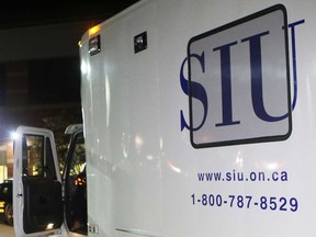 A vehicle bearing the logo of Ontario's Special Investigations Unit in Cobourg in October 2017.