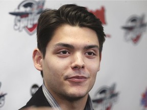 Former Windsor Spitfire goalie Michael DiPietro speaks to reporters at the WFCU Centre after the team announced he had been traded to the Ottawa 67's on Tuesday, December 4, 2018.