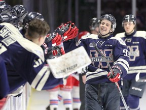 Windsor Spitfires Jean-Luc Foudy celebrates his second goal of the season in game against Kitchener Rangers at WFCU Centre on Sunday.